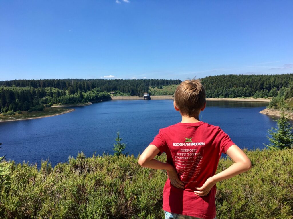 Wanderin mit Blick auf einen Harzer Stausee